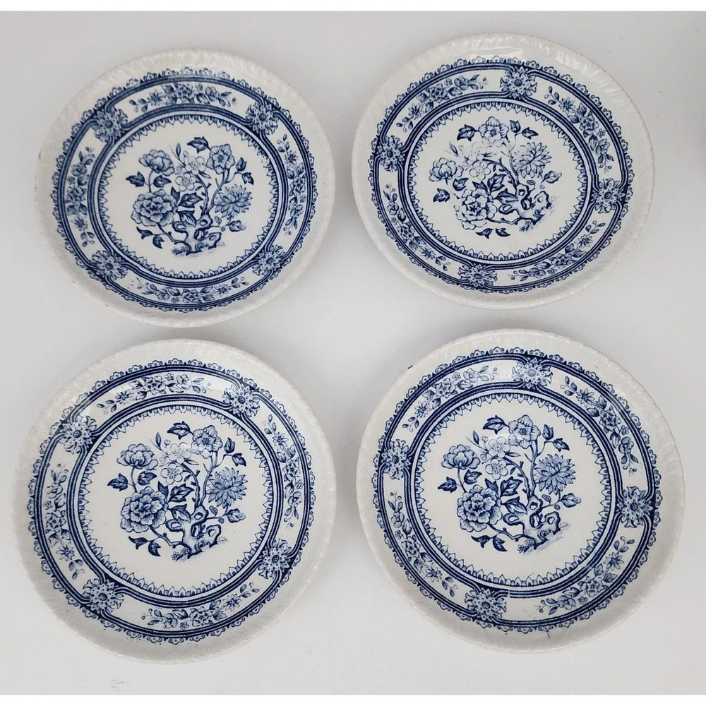 Wood's England Dorset Tea Cup Saucers 5pc Blue White Floral Vintage Transferware